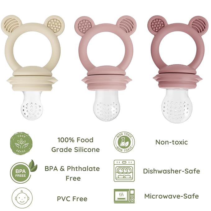 PandaEar 3 Pack Fruit & Food Feeder Pacifier, Silicone Feeder Pacifier with 3 Sizes Pouches (Pink/Linen)