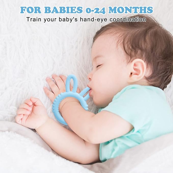 Silicone Babies Teethers Baby Teething Toys for Soothe Massage Sore Gums for 3-12 Months Infants, BPA Free, Easter Gifts for Boys and Girls, Ring Shape Rabbit Ear Design (Blue)