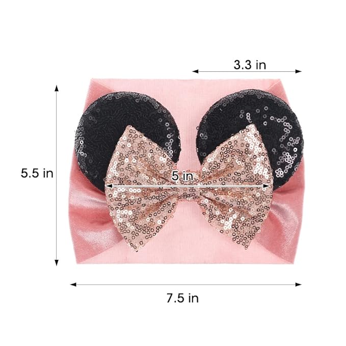 JIAHANG Baby Girl Mouse Ears Turban Headwrap with Sequin Bows, Wide Velvet Hairband, Hair Bow Headband for Newborn Toddler, kids, Party Supplies (oufen HW)