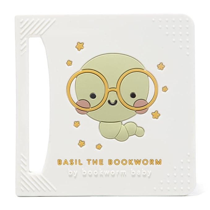 Basil The Bookworm Baby Teether - Premium BPA Free Silicone Teething Toy | Perfect for Baby Showers | Unique Book-Shaped Design | Freezer & Dishwasher Safe (Age: 3+ Months)