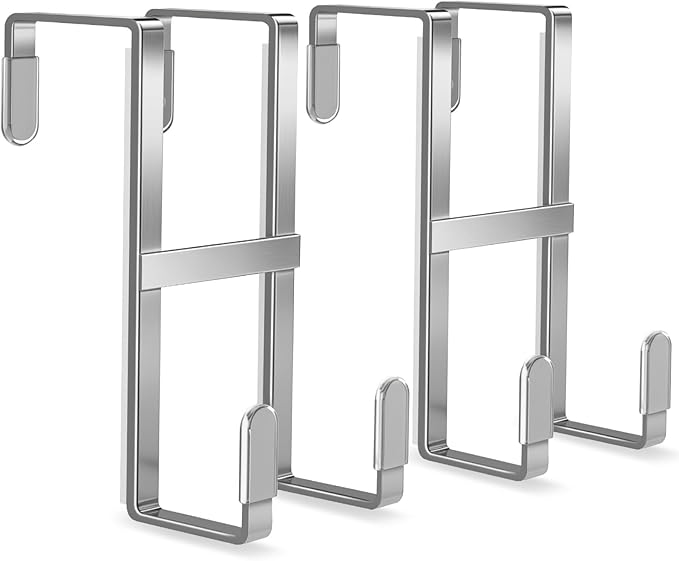 FYY 2 Packs Over The Door Hooks, Dual-Sided Door Hanger Hook, Heavy Duty No Drill Wall Hooks for Hanging Coats, Towels, Bags, Kitchen Closet Fits Most Doors Up to 1-7/8" Thickness (Silver)