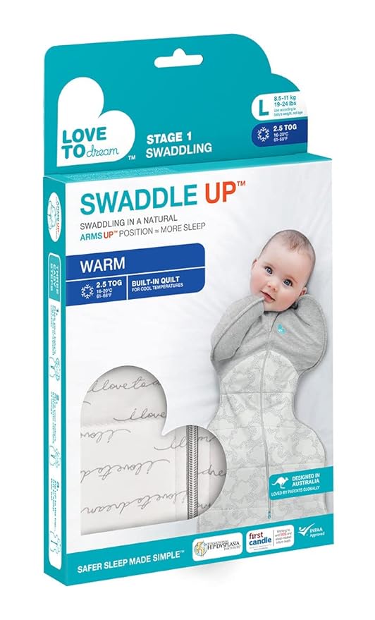 Love to Dream Warm Swaddle UP 2.5 TOG Baby Sleep Sack for Autumn & Winter | Arms Up Position for Self-Soothing, Calms Startle Reflex | Newborn 5-8.5 lbs, White Dreamer