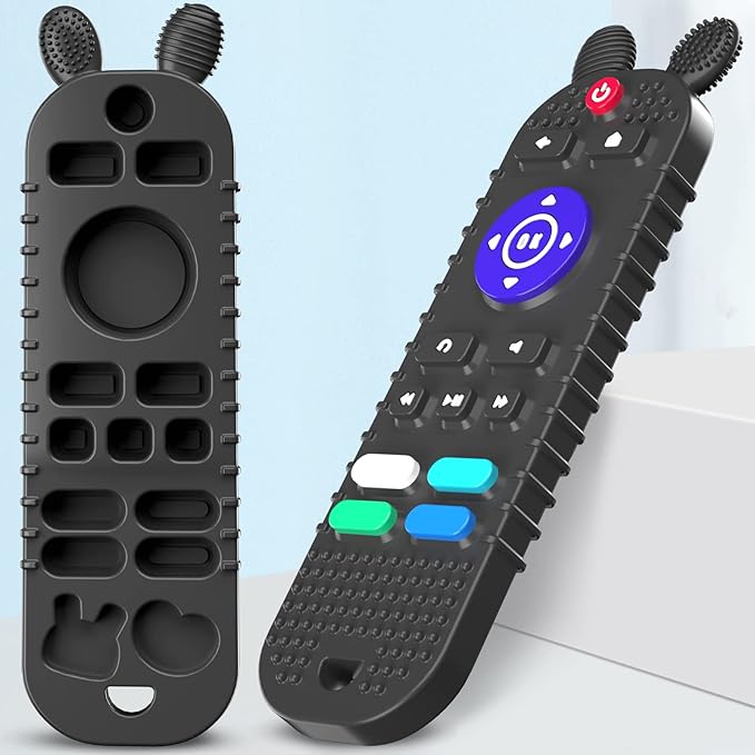 TV Remote Control Shape Baby Teething Toys and Phone Shape Teether Toys for Babies 6-12 Months, Soft Flexible Silicone Chew Toys for Baby - Black