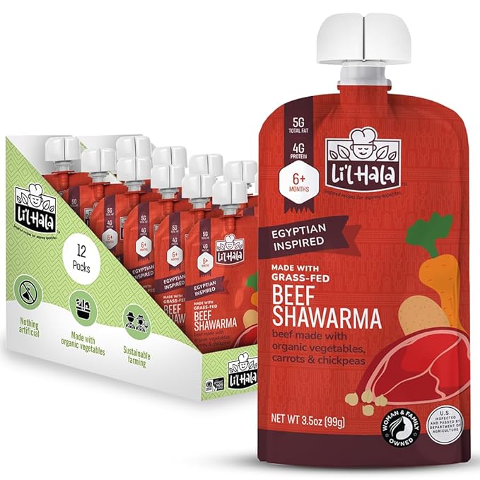 Li'l Hala Foods - Baby Meat Pouches - Toddler Meals with Meat – Protein & Healthy Fats Puree – No Hormones – 6+ Months – 3.5 oz (12 Pack) (Beef Shawarma)