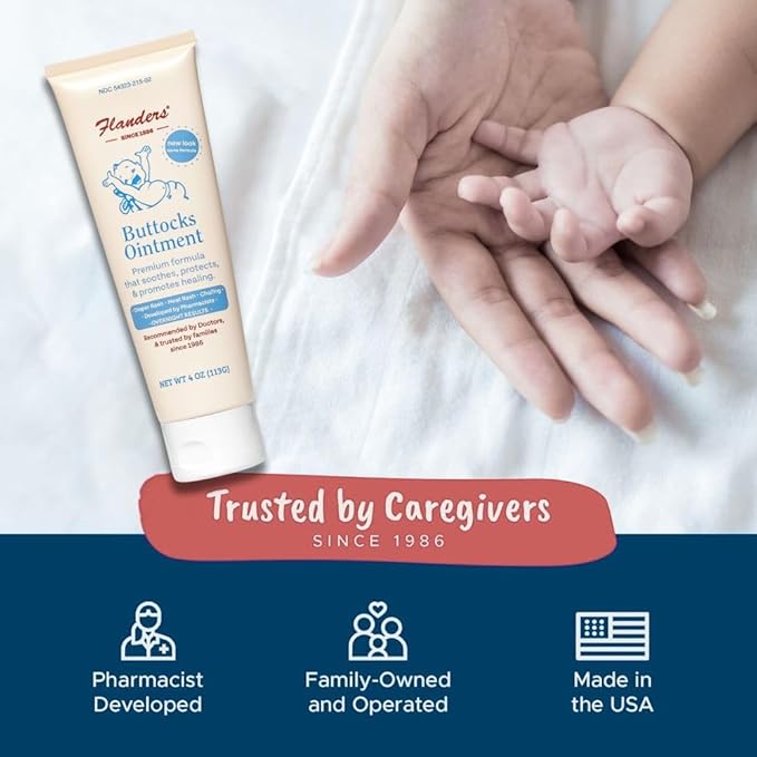 Flanders Buttocks Ointment - Diaper Rash Cream for Treatment & Prevention, Pharmacist Developed, Heat Rash & Chafing in Infants to Adults, Instant Relief (2 Pack of 4oz Tubes)