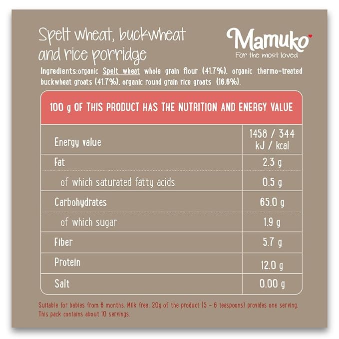 MAMUKO Organic Porridge - Healthy Porridge Blend of Spelt, Buckwheat & Rice - High Fiber Porridge with No Added Sugar, Milk & Preservatives - Organic Porridge Ideal for Toddlers - 2 Pack (10 Servings)
