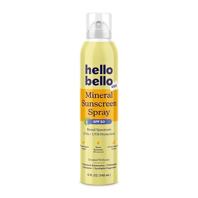 Hello Bello Kids SPF 50 Mineral Sunscreen - 5oz Spray - Water Resistant Broad Spectrum UVA + UVB Protection Sun Protection for Babies and Kids, Reef Friendly, 5 fl oz (Pack of 1)