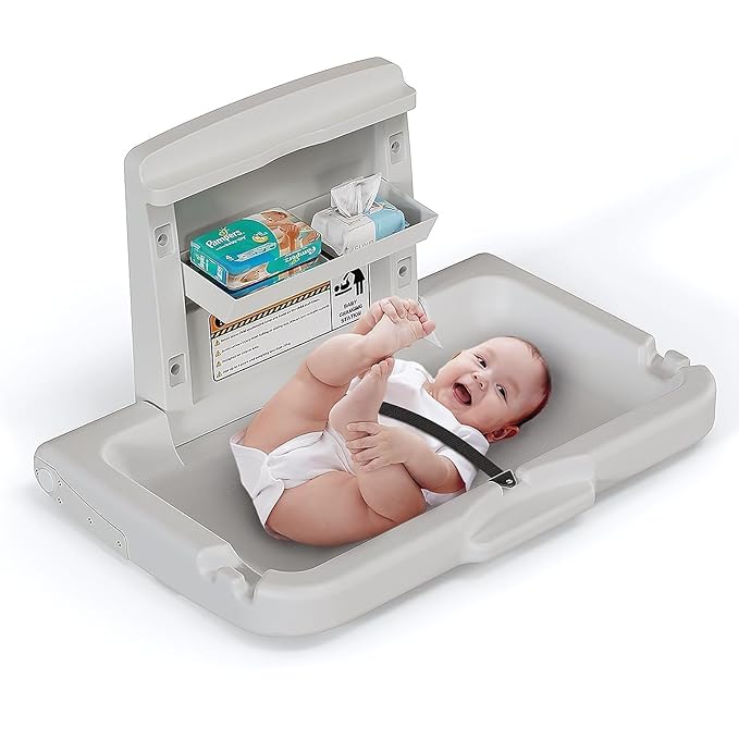BELZAR Commercial Wall Mounted Baby Changing Station – ADA Compliant, Fold Down Heavy Duty Horizontal Diaper Changing Table with Safety Strap & Paper Liner Holder, For Public Restrooms/Hotels/Airports