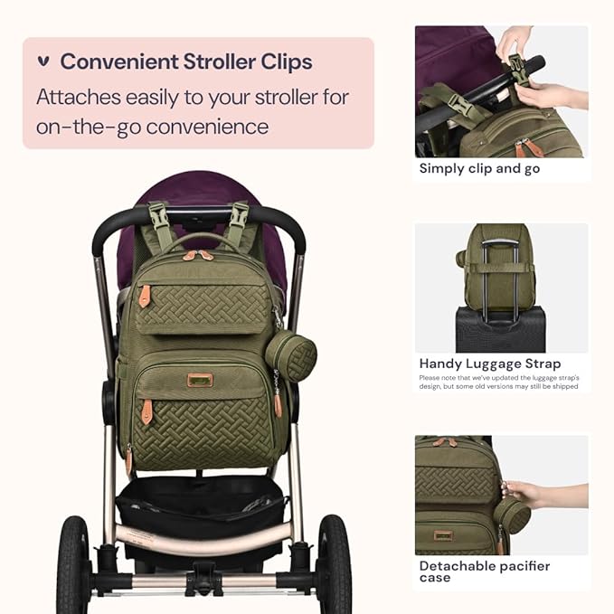 BabbleRoo Diaper Bag Backpack - Travel Large Baby Diaper Bag with Changing pad, Waterproof Baby Bags for Mom & Dad, Unisex Bags with Pacifier Case, Luggage Strap & Stroller Clips– Army Green | with Changing Pad, Pacifier Case, Stroller Straps, Multifun...