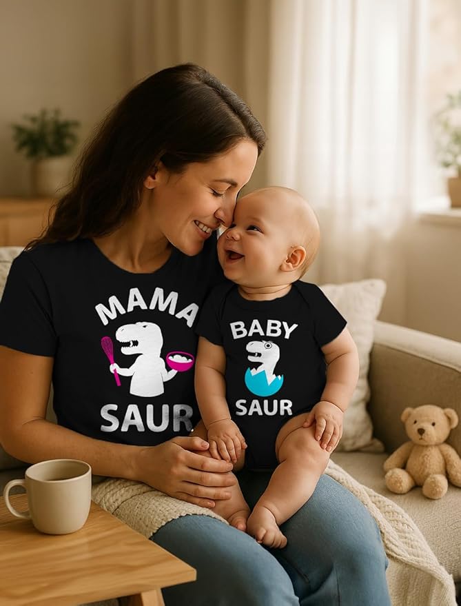 Tstars Mama and Baby Saur Matching Outfit Set - Mom Shirt and Bodysuit Gift for Baby Shower or Mother's Day