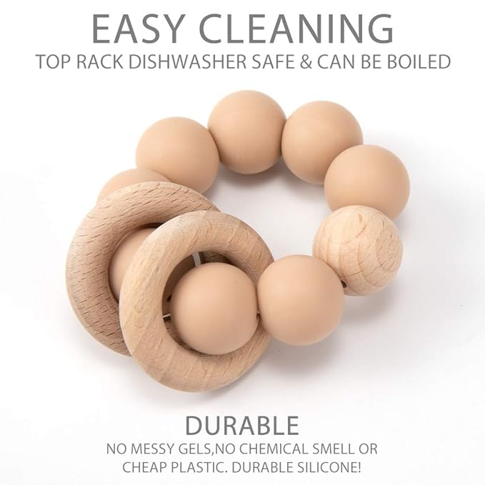 Silicone Baby Teether, Food Grade Silicone & Beech Baby Teething Toy, BPA Free (White)