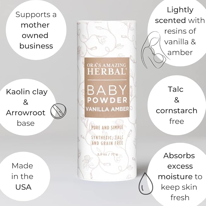Baby Powder Talc-Free, Real Vanilla Amber Natural Scent, Cornstarch Free Arrowroot and Clay Based Powder, Synthetic Fragrance Free, Ora's Amazing Herbal, 2.5 oz