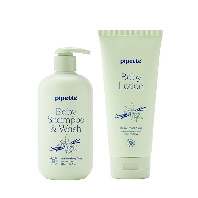 Pipette Vanilla + Ylang Ylang Wash and Lotion Duo, Pack of 2, Clean, Includes Baby Body Wash and Lotion for Newborns and Kids, Tear-Free Bath Time, Baby Bath and Newborn Essentials, Non-toxic