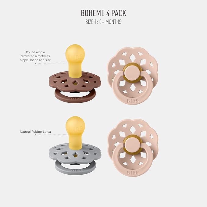 BIBS Boheme Soother 4-Pack | BPA Free Dummy Pacifier | Round Nipple | Natural Rubber Latex | Made in Denmark | Size 0-6 Months | Woodchuck Mix