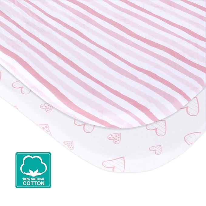 Bassinet Fitted Sheets Compatible with Graco Pack ‘n-Play Dome LX Bassinet(not playard), 2 Pack, 100% Jersey Knit Cotton Fitted Sheets, Pink Print for Baby