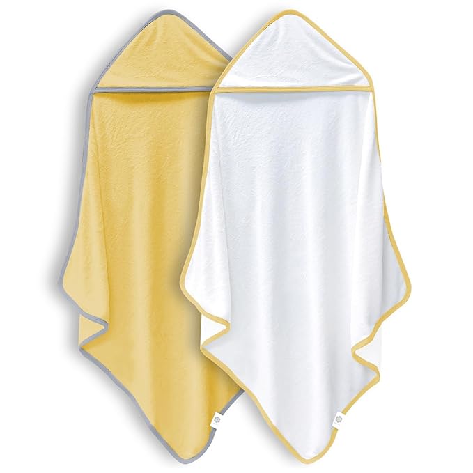 2 Pack Baby Bath Towel - Rayon Made from Bamboo, Ultra Absorbent - Ultra Soft Hooded Towels for Kids - X Large Size for 0-7 Yrs (White and Yellow, 37.5 x 37.5 Inch)