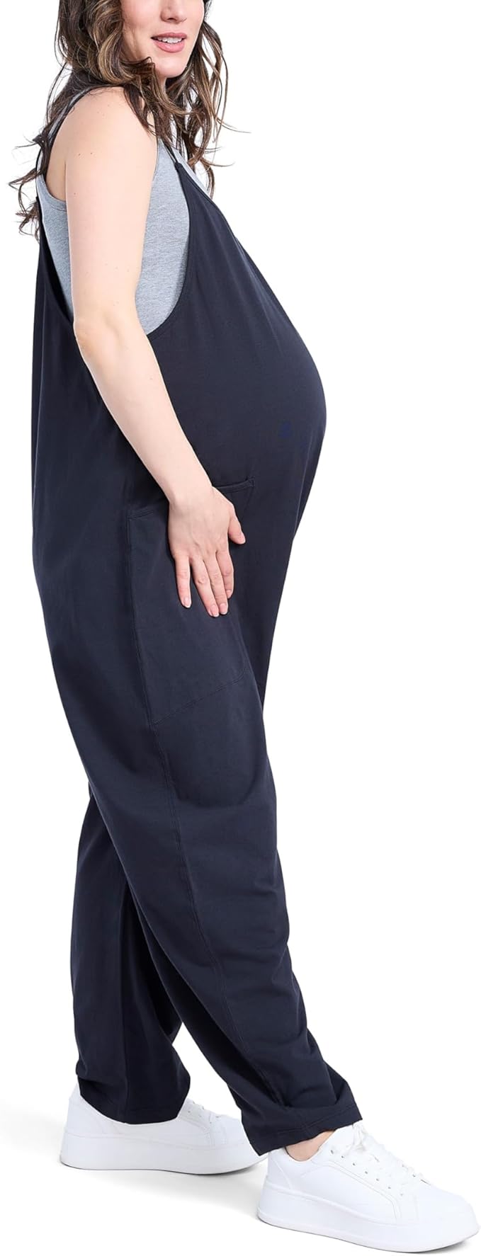 Motherhood Maternity womens Casual Baggy Sleeveless V-neck Pregnancy Romper Jumpsuit With Loose Spaghetti Straps and Pockets