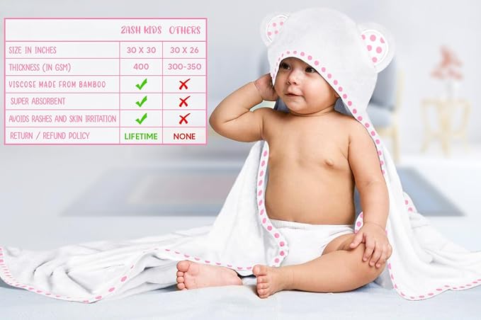 Set of 2 Hooded Baby Towels – White and Pink – Luxurious, Large and Super Absorbent – 30 x 30 Inch – Soft and Suitable for Infants, Toddlers and Kids – 400 GSM