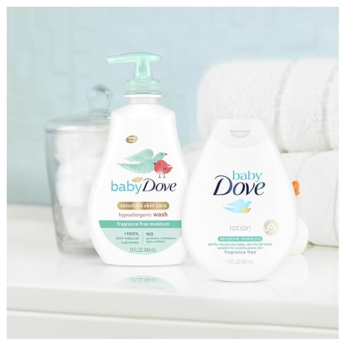 Dove Baby Sensitive Skin Care Bundle – Hypoallergenic Wash & Baby Lotion, Fragrance Free Moisture, Baby Gift Set, 13 Oz Ea (2 Piece Set)