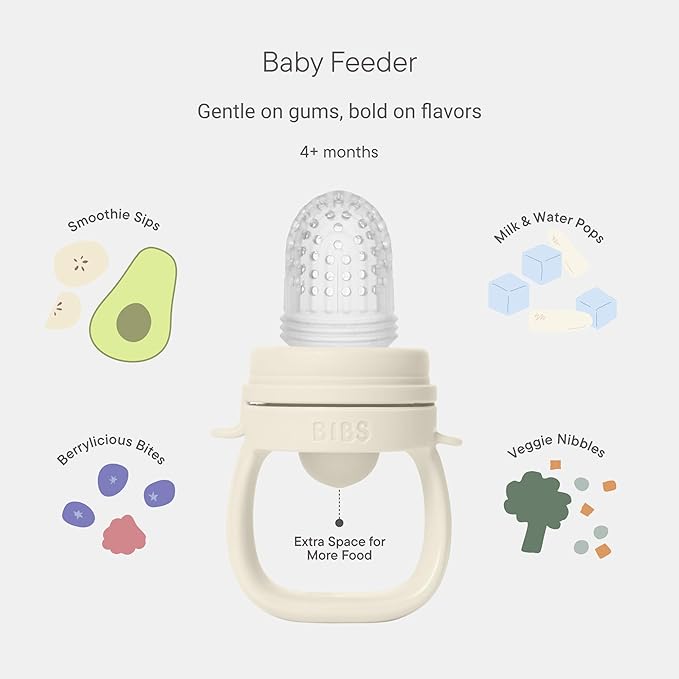 BIBS Baby Feeder with 2 Silicone Nipples, Compatible with Freezer Tray, Easy-Grip, BPA-Free - Ideal for Teething & Self-Feeding, 4+ Months - Ivory