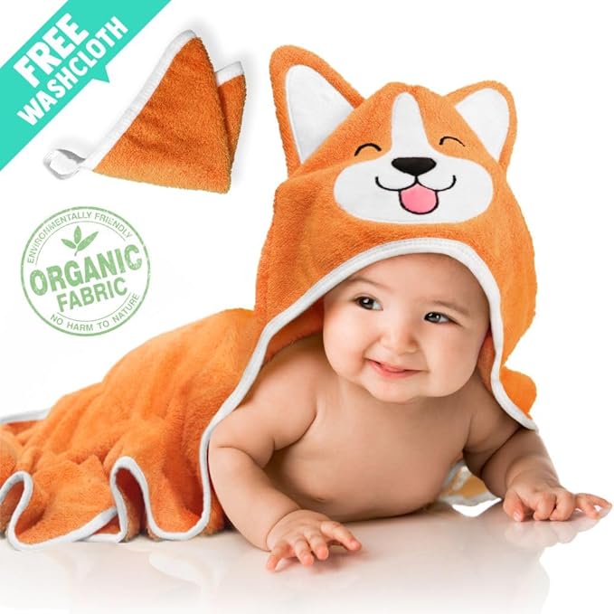 Generic Corgi Dog Baby Bath Hooded Towel - Cozy & Warm - Ultra Soft and Absorbent - Baby Bath - Toddler - Newborn - Pets - Free Washcloth - 35" x 35" (Orange)