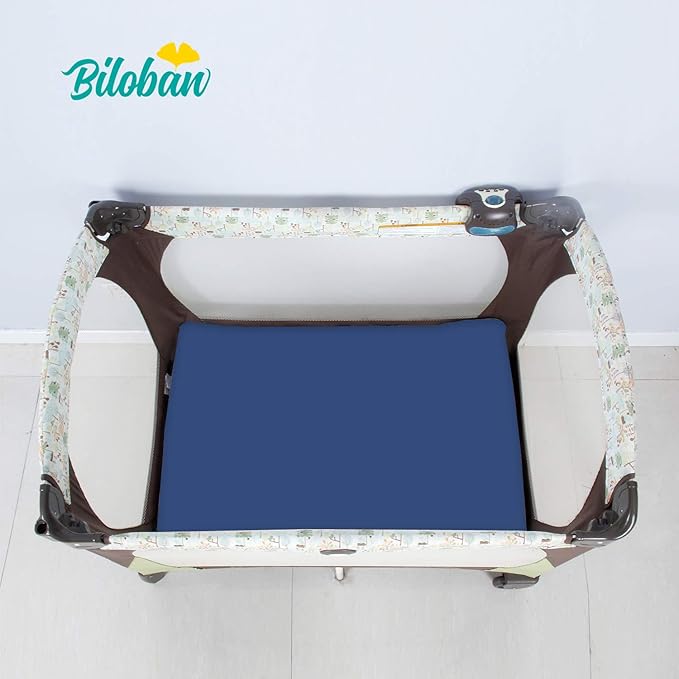 Biloban Pack and Play Sheets Fitted, 2 Pack Pack and Play Sheet Fits for Graco Pack n Play Mattress, Neutral Playard Sheets for Baby Boys and Girl, White & Navy Blue