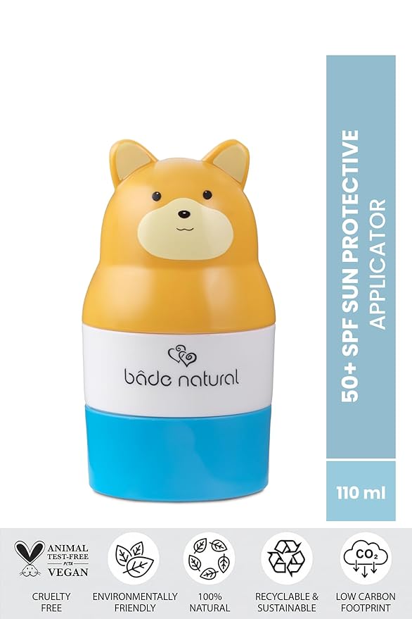 Bade Natural Refillable Bear-Shaped Sunscreen Applicator for Kids – 3.7 fl oz Roll-On Bottle – Empty, Reusable Dispenser for SPF Lotion – Soft Applicator Tip, Travel-Friendly