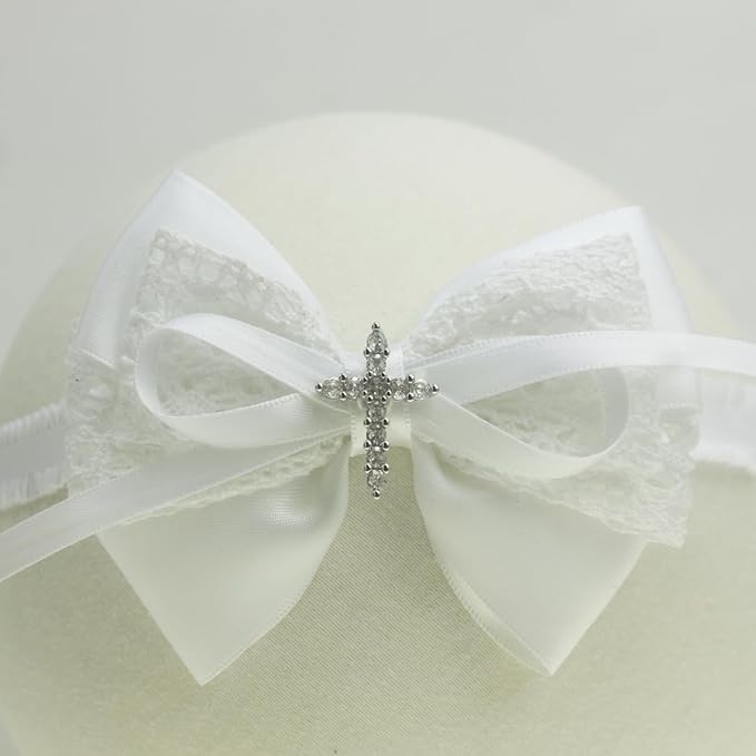 Nihao Baby White Cotton Lace and Satin Bow Baptism Headband with Cross (6 months-2 years old)