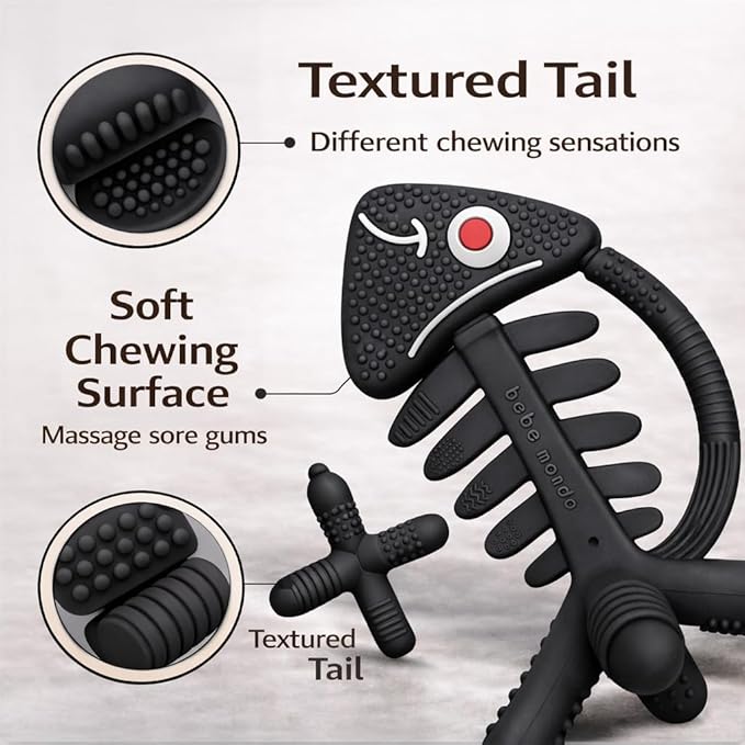 3 in 1 Infant Toys, Baby Teething Toys 3–6 6–12 Months, Teethers for Babies 0–3–6–12 Months for Teething Relief, Baby Gift, Baby Teether Toys, Silicone Sensory Toys, USA Patent Pending, Fish (Black)