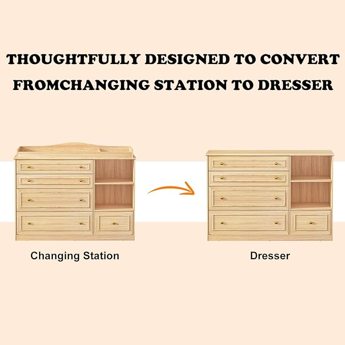 St.Mandyu Wood Changing Table Dresser, Baby Nursery Dresser, Baby Diaper Changing Table, 5 Drawers, Adjustable Shelves, Metal Handle, Curved Wrapping Design, Nature