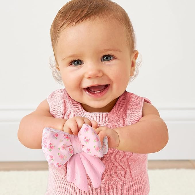 Itzy Ritzy Crinkle Teether Toy – Bow Teething Toy Includes Silicone, Velour & Crinkle Material – Features Multiple Textures for Teething Relief – Designed for Ages 3 Months and Up (Bow)