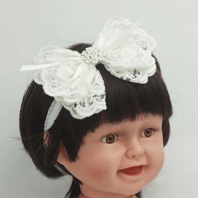 White Baby Bow Headband for Baptism Christening Satin Lace Hair Band with Cross for Toddler (Embroidery Lace white bow with pearl-5, 6 months-2 years old)
