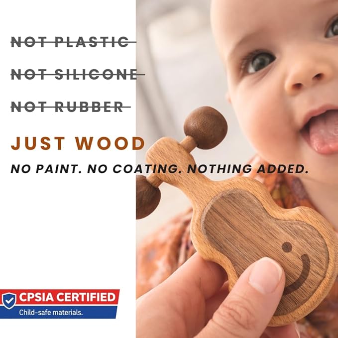 Wooden Guitar Teether Rattle for Babies | Natural Beechwood & Walnut Wood | Non-Toxic Organic Teething Toy | 0-12 Months | ASTM EN71 CPSC Certified | Gift for Baby Shower