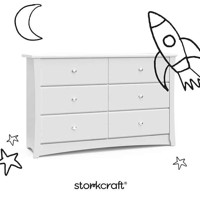 Storkcraft Crescent 6-Drawer Dresser (White) – GREENGUARD Gold Certified, White Dresser for Bedroom, Kids & Nursery Storage Chest, Safety Interlocking Drawers, Pre-Installed Tracks, Kids Chest