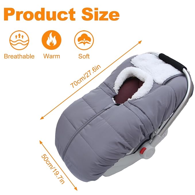Winter Baby Car Seat Cover - Warm Infant Carseat Bunting Bag Blanket for Newborn Baby Boys Girls - Cold Weather Windproof Carrier Canopy for Travel -Universal Carseat Covers Canopies with Zips (Grey)