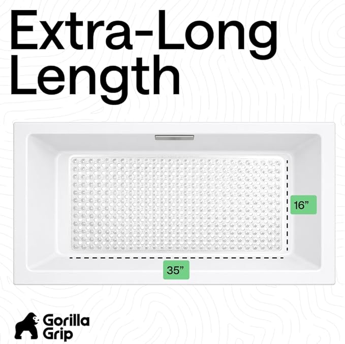 GORILLA GRIP Patented Bath Tub Shower Mat, 2 Pack, Machine Washable Bathtub Floor Liner Mats, Suction Cups and Drain Holes to Keep Tubs Clean, Soft on Feet, Bathroom Essentials, 35x16 Inch, Clear
