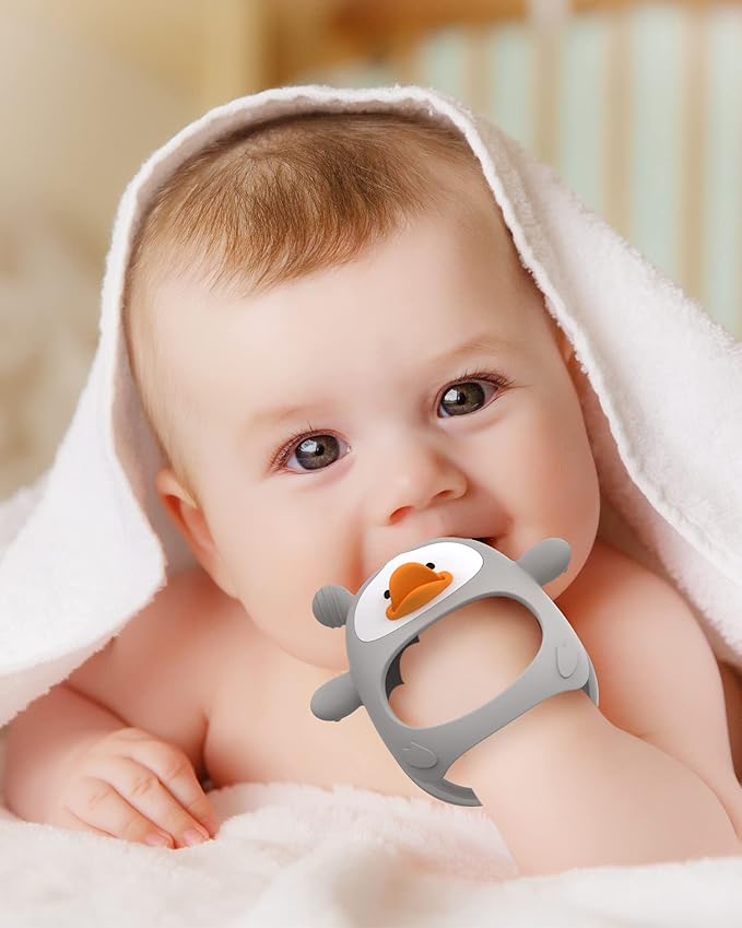 Teething Toys for Babies 0-6 Months, Never Drop Silicone Baby Teether, Hand Pacifier for Sucking Babies, Soothing Pain Relief, Best Chew Toy for Teething Baby, Teething Mitten for New Born -Grey