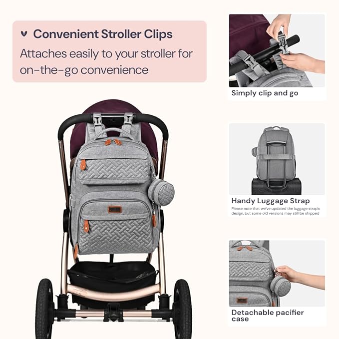 BabbleRoo Diaper Bag Backpack - Travel Large Baby Diaper Bag with Changing pad, Waterproof Baby Bags for Mom & Dad, Unisex Bags with Pacifier Case, Luggage Strap & Stroller Clips– Light Gray