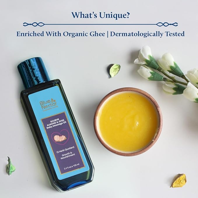 Blue Nectar Ayurveda Gentle Baby Oil for Newborn Skin Care -Moisturizing Baby Massage Oil for Dry Skin Moisturizer |Soothing with 100% Natural Coconut Oil & Organic Ghee (13 Herbs, 6.76 Fl Oz)