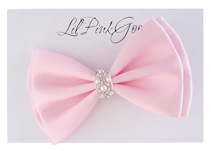 0-12 Newborn Baby Baptism Pearl Headband or Clip with Bow in WHITE Christening Headband with Satin Bow, Pearl Rhinestone Band (Pink Clip, 1 Count (Pack of 1))