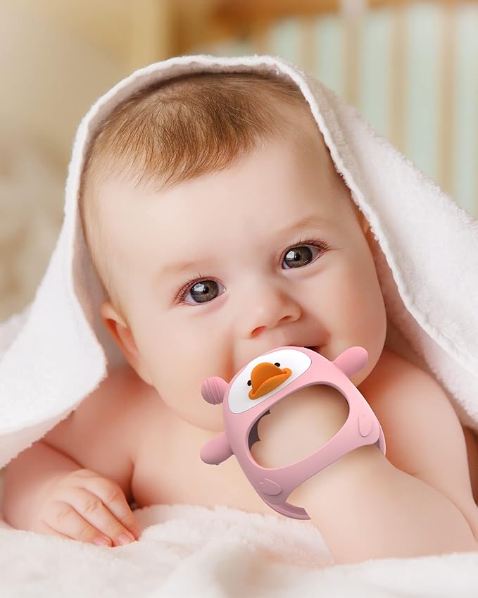 Never Drop Silicone Baby Teether, Hand Pacifier for Sucking Babies 0-6 Months, Soothing Pain Relief, Best Chew Toy for Teething, Mitten for New Born - Pink