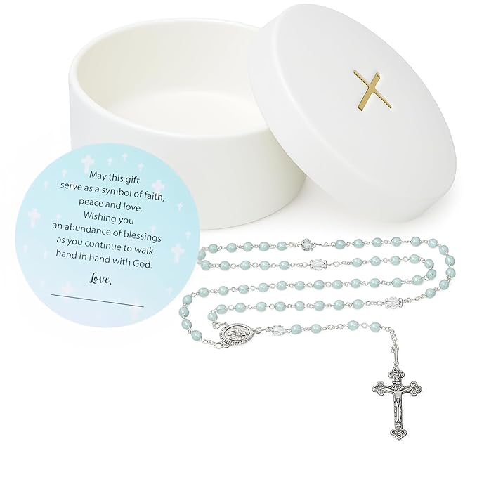 Baptism Gifts for Boys – Blue Rosary with Ceramic Keepsake Box and Card, Catholic Communion Gift, Christening and Baby Shower Rosary Beads, Sweet Treasures Gifts, Blue