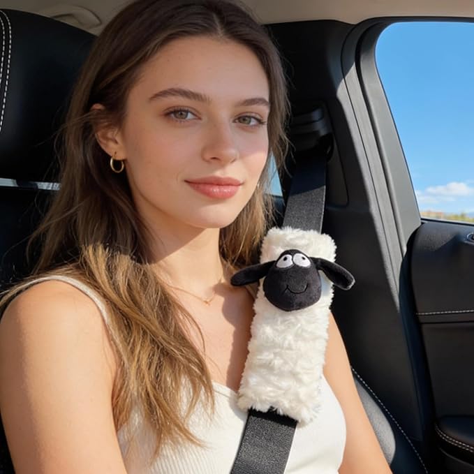 2 PCS Seat Belt Cover Pad, Cute Kawaii Sheep Seatbelt Covers for Kids, Winter Plush Fluffy Soft Seat Belt Cover, Seatbelt Cushion,Car Seat Strap Pads (H-Sheep)