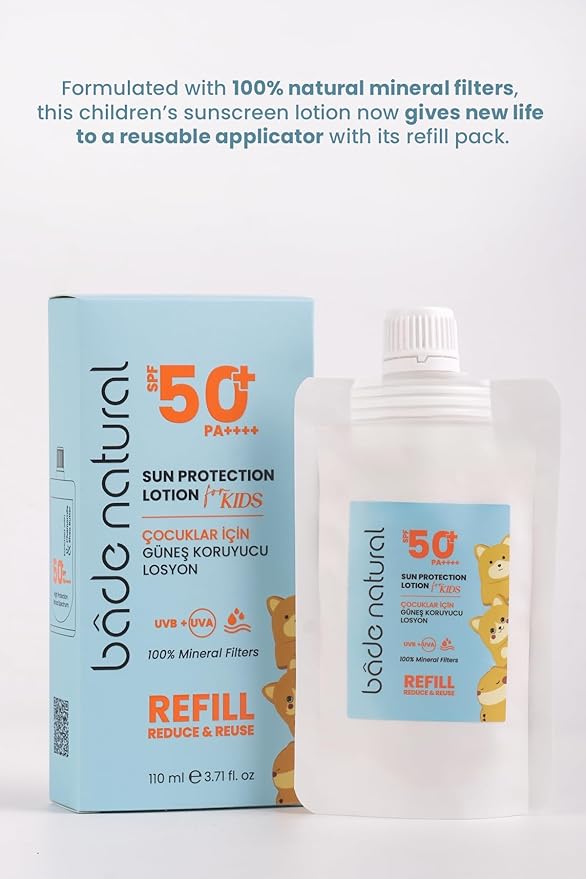 Bade Natural SPF 50+ Kids Sunscreen Refill Lotion – 100% Natural Mineral-Based Broad Spectrum Sun Protection with Zinc Oxide & Botanical Oils – Refillable Eco-Friendly Pack, 3.7 fl oz
