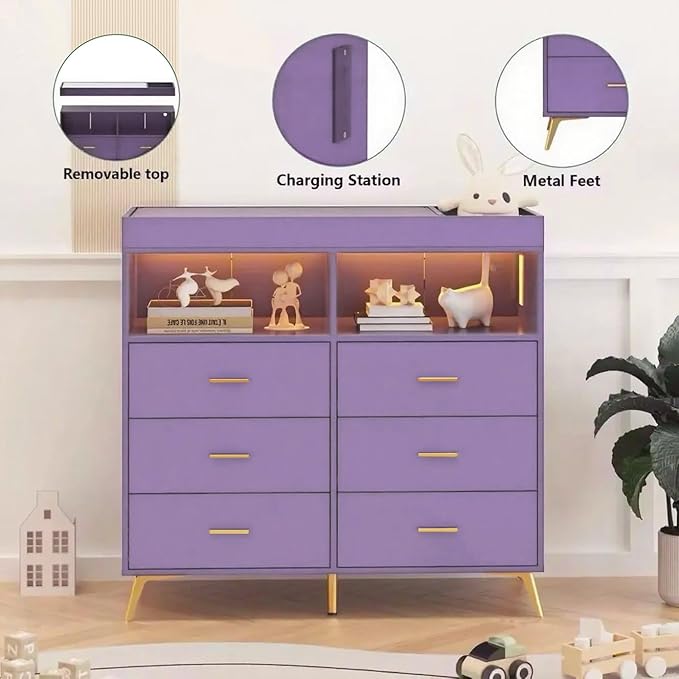 Baby Changing Table Dresser with 6 Drawers, Baby Nursery Dresser, LED Lights & Charging Station – Multifunctional Nursery Dresser with Removable Changing Top, Anti-Tip Design, Purple