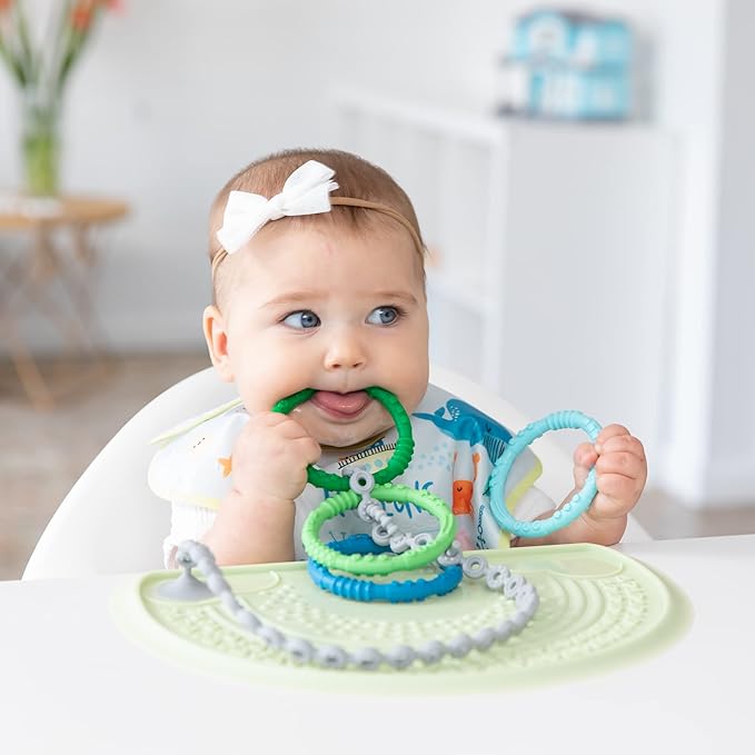 Bumkins Baby Teething Freezer Toy Keys Rings, Soft Flexible Pacifier to Chew, Cool Teether Gum Relief, Babies 3 Months, Freezable, Platinum Cured Silicone, Sensory Bracelet, 4-pk Blue and Green