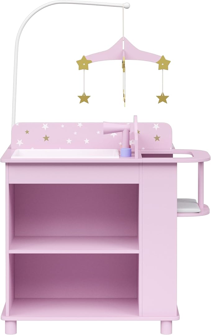 Olivia's Little World Baby Doll Changing Station with Built-in Baby Doll High Chair, Closet, Shelves, Sink, Overhead Mobile, & Baby Doll Clothing Hangers for up to 18 Inch Dolls, Purple Stars