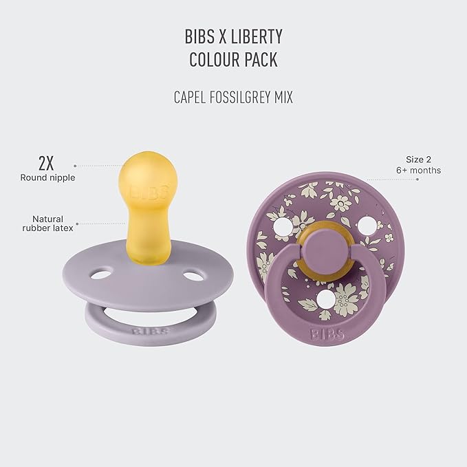 BiBS Liberty Pacifier 2-Pack, BPA Free Pacfiers with Natural Latex Round Nipple, Made in Scandinavia, Size 2 (6-18 Months), Capel Fossil Grey