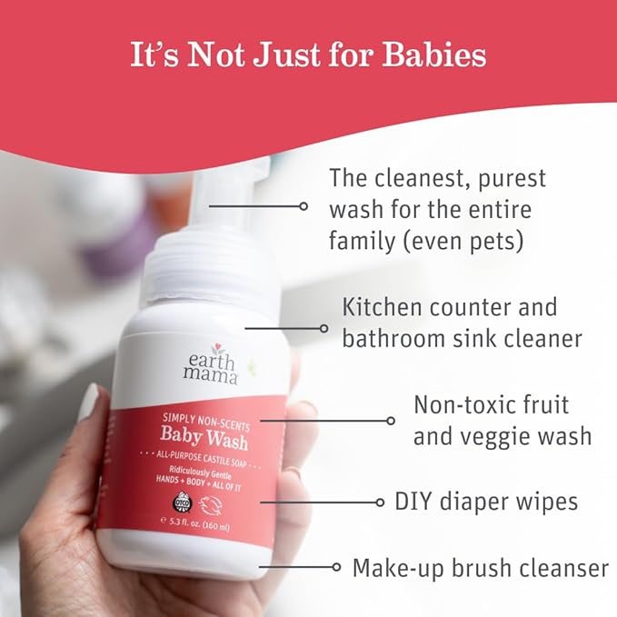 Earth Mama Simply Non-Scents Baby Wash Foaming Hand Soap Refill, Organic All-Purpose Body Wash for Sensitive Skin, Castile Soap with Coconut Oil, Shea Butter, Calendula, & Aloe, 5.3floz 2-Pk