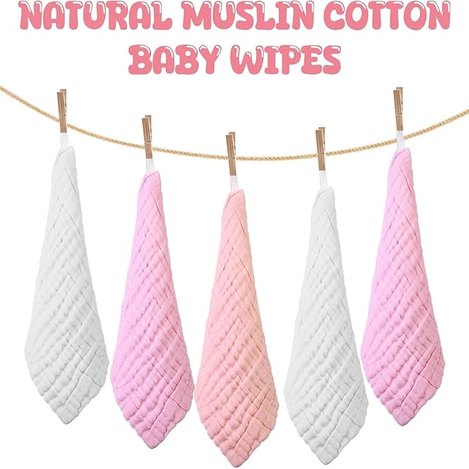 Chumia 30 Pcs Baby Muslin Washcloths Muslin Burp Cloths Baby Towel Natural Cotton Burp Cloths Wipes Soft Newborn Face Towel Absorbent for Face Bath Shower, 12 x 12'' (Light Pink, White, Pink)